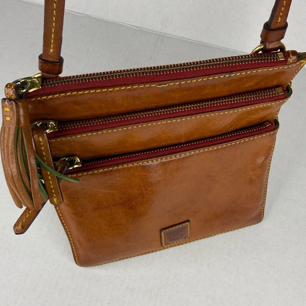 Dooney & Bourke Florentine Leather Triple Zip Crossbody Bag Tan Tassel Messenger